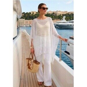 Lauren Ralph Lauren Crochet Poncho Women One Size White Excellent Fringe Boho